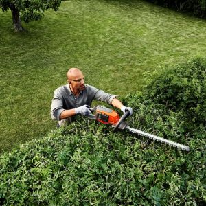 a man cutting the top of a hedge with a cordless hedge trimmer
