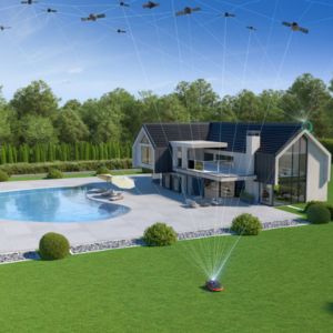 a robot mower on a large lawn, receiving lots of satellite signals