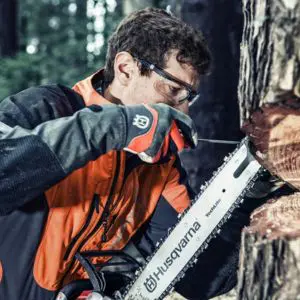 a man in a forest, sharpening a chainsaw's chain, using a chainsaw file
