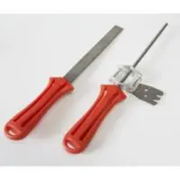 a flat and a round chainsaw file, each with a red handle