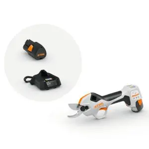 STIHL ASA 20 Cordless Secateurs, battery and charger against a white background