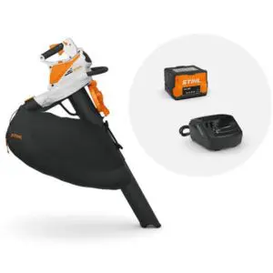 the STIHL SHA 56 Cordless Handheld Leaf Blower and Vacuum Shredder, battery and charger against a white background