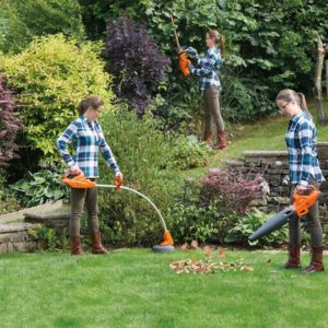 a montage of a woman using 3 STIHL garden tools in a garden