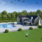 a graphic showing a robotic mower in a large garden, receiving satellite signals 