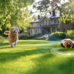 a robotic mower using its sensors to avoid a Labrador