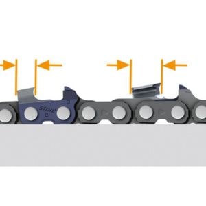 a comparison between damaged and A1 chainsaw chain teeth, highlighted by orange arrows