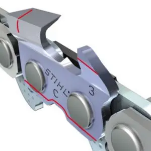 a STIHL chainsaw chain with wear markers highlighted in red