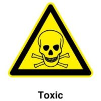 a sign for toxic materials, consisting of a skull and crossbones inside a yellow and black triangle