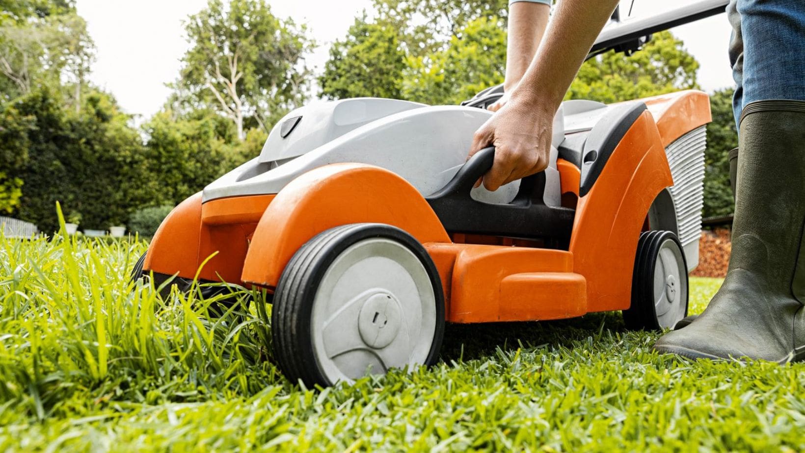 a man adjusting the cutting height lever on an orange and white STIHL lawnmower
