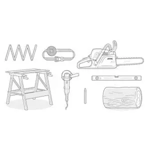 a pencil drawing of a workbench, log and DIY tools against a white background