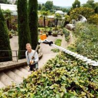 an overhead shot of a man using a STIHL long-reach hedge trimmer to cut the top of a hedge in a public garden