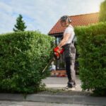 a man hedge trimming from the bottom of the hedge upwards