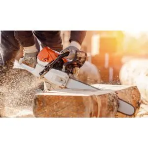 someone using a chainsaw to cut a piece of wood