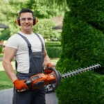 a man wearing blue dungarees, safety glasses, ear defenders and gloves, holding an orange hedge trimmer
