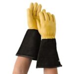 someone wearing Gold Leaf Tough Touch Gloves, set against a white background