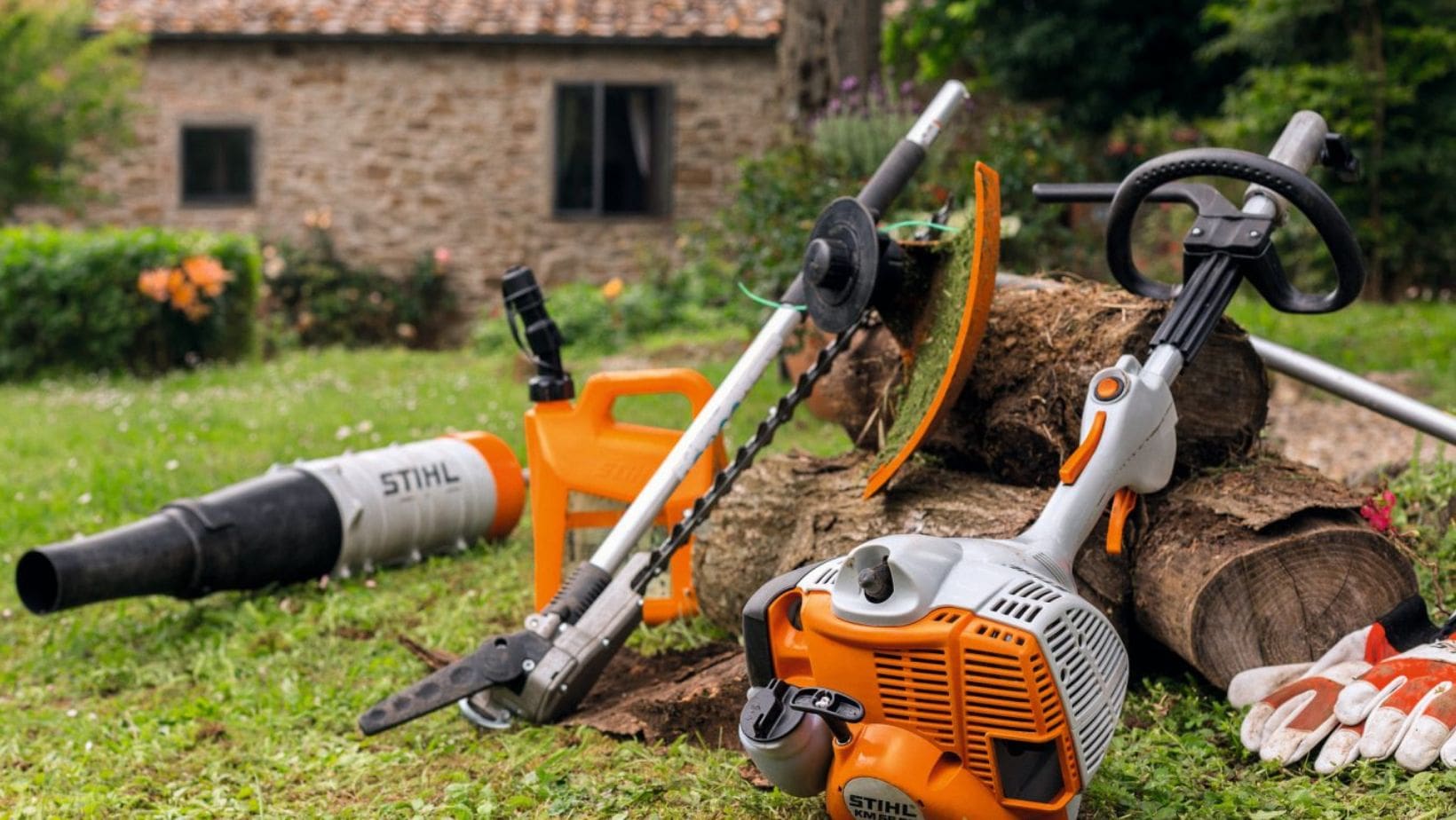 a STIHL KM 56 RC-E Petrol KombiEngine resting on logs in a garden, alongside various attachments, gloves and a petrol can