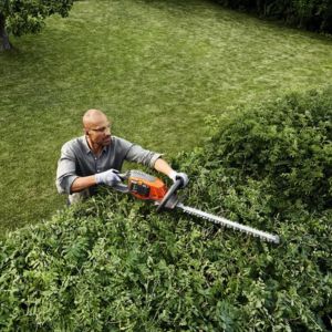 a man using a STIHL hedge cutter to trim the top of a hedge