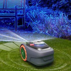 a Segway Navimow robot mower on a lawn, with added digital imagery demonstrating the power of its smart technology