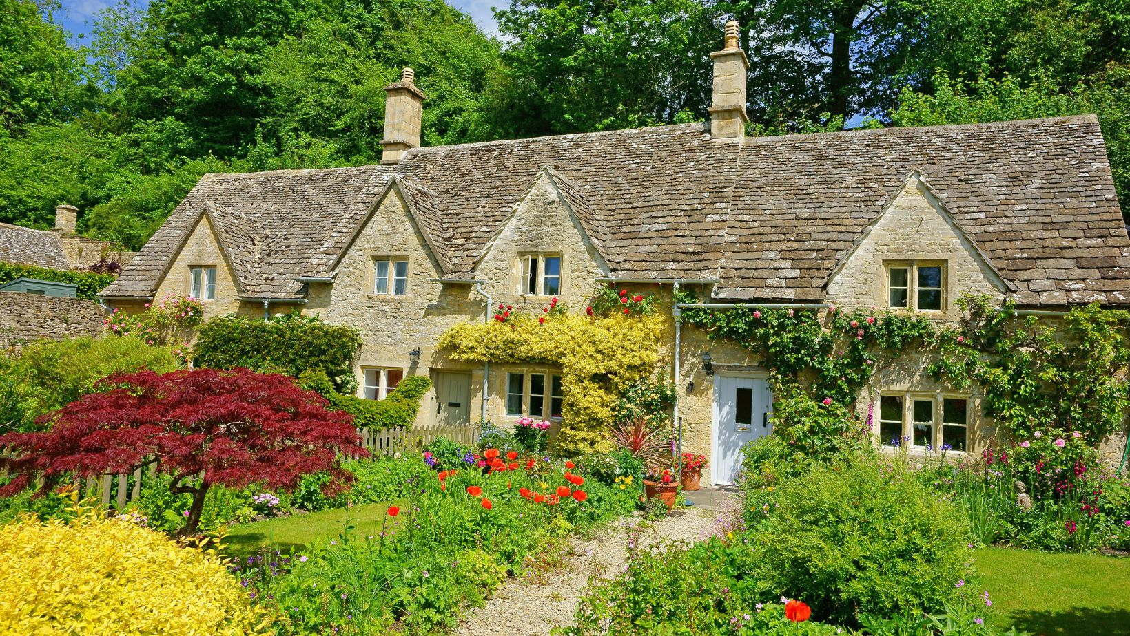 a row of Cotswold stone cottages and their gardens packed with flowers
