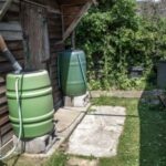 2 green water butts next to an old wooden potting shed