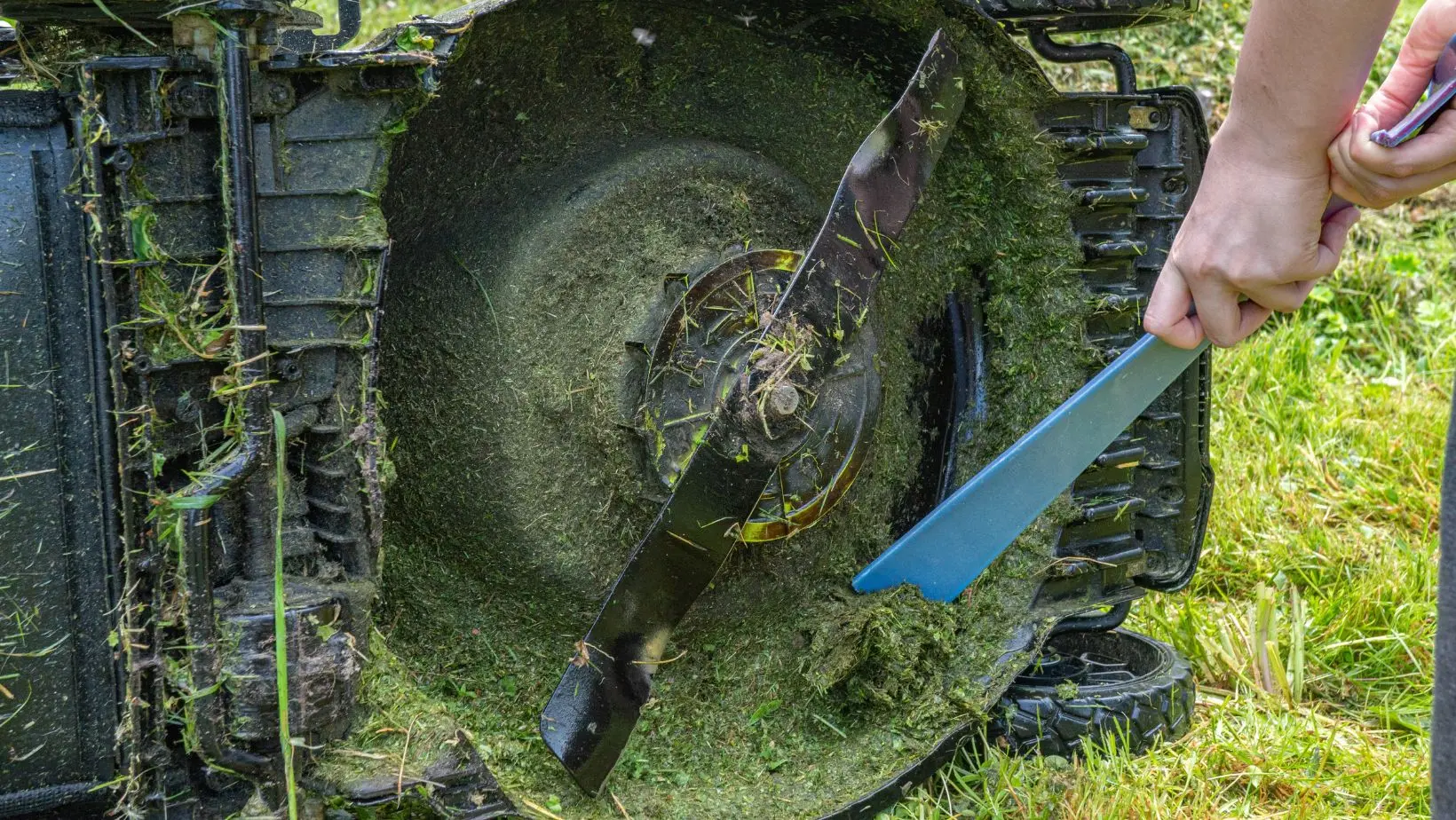 someone cleaning grass from the underside of a lawnmower using a blue spatula