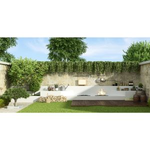 a small number of bottles, barrels and plant pots on white, tiered decking, positioned by a lawn, surrounded by a pale stone wall and climbers