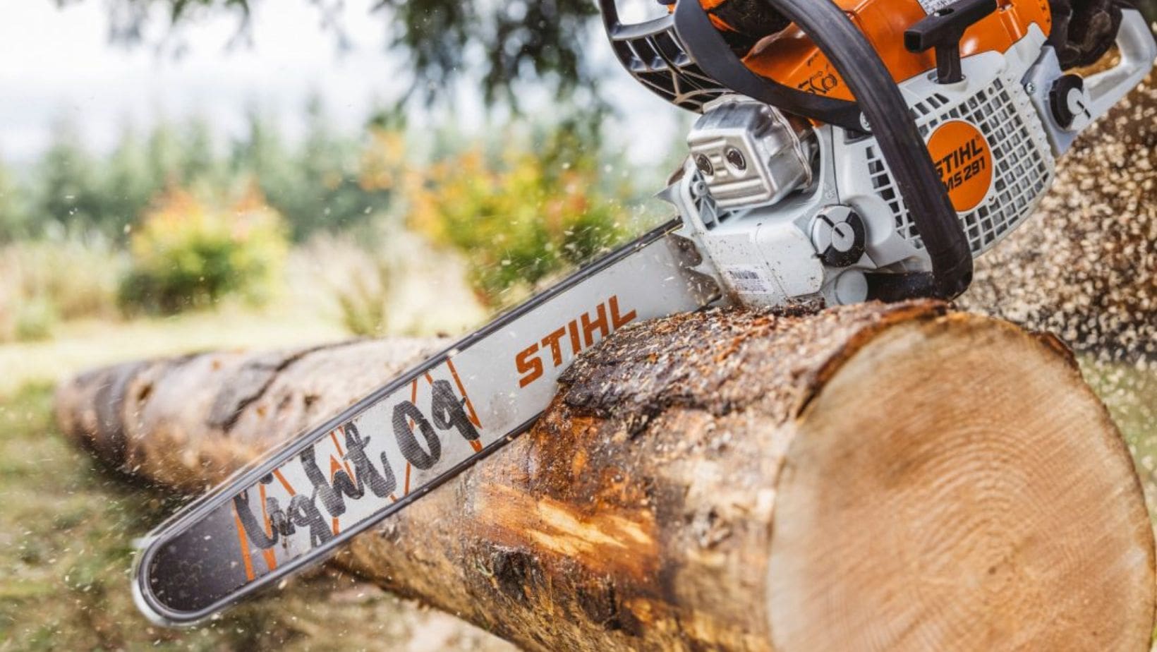a STIHL MS 291 Petrol Chainsaw, with Light 04 guide bar, cutting through a log