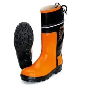 orange STIHL Special Rubber Chainsaw Boots (Class 3) against a white background, with one of the boots propped up to reveal the sole