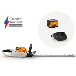the STIHL HSA 60 Cordless Hedge Trimmer, a battery plus charger, and sign saying 'Trusted Reviews Highly Recommended', all against a white background