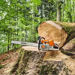 the STIHL MS 881 Petrol Chainsaw sat on a tree stump, next to the fallen trunk