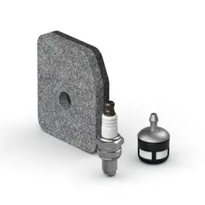 an air filter, spark plug and fuel filter, all against a white background