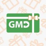 a Garden Machinery Direct gift card, showcasing the company's green and white GMD logo in the centre, surrounded by drawings of wrapped gift boxes