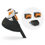 the STIHL SHA 56 Cordless Blower & Vacuum Shredder, 2 batteries and a charger, all against a white background