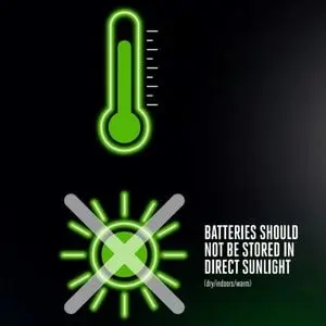 a black and green infographic showing a thermometer and cross through a sun to explain the ideal temperatures for battery storage and the fact they should not be stored in direct sunlight