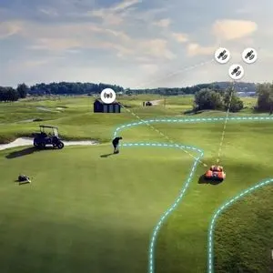 a Husqvarna Automower on a golf course, with added graphics representing a reference station and satellite signals to show RTK GPS technology works