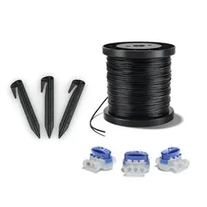 the STIHL iMOW® Robot Mower Installation Kit, including perimeter wire, staples and connectors, all against a white background