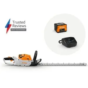 the STIHL HSA 60 Battery Hedge Trimmer, a battery, charger, and Trusted Reviews Highly Recommended caption, all against a white background