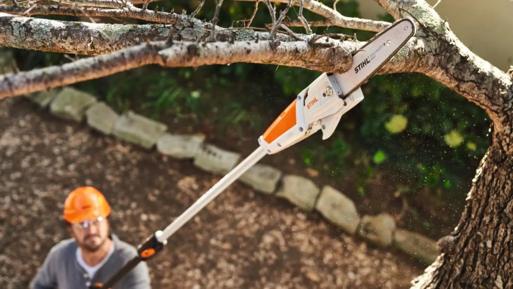 a man wearing an orange hard hat, using the STIHL HTA 50 Cordless Pole Pruner to remove a branch from a deciduous tree in winter