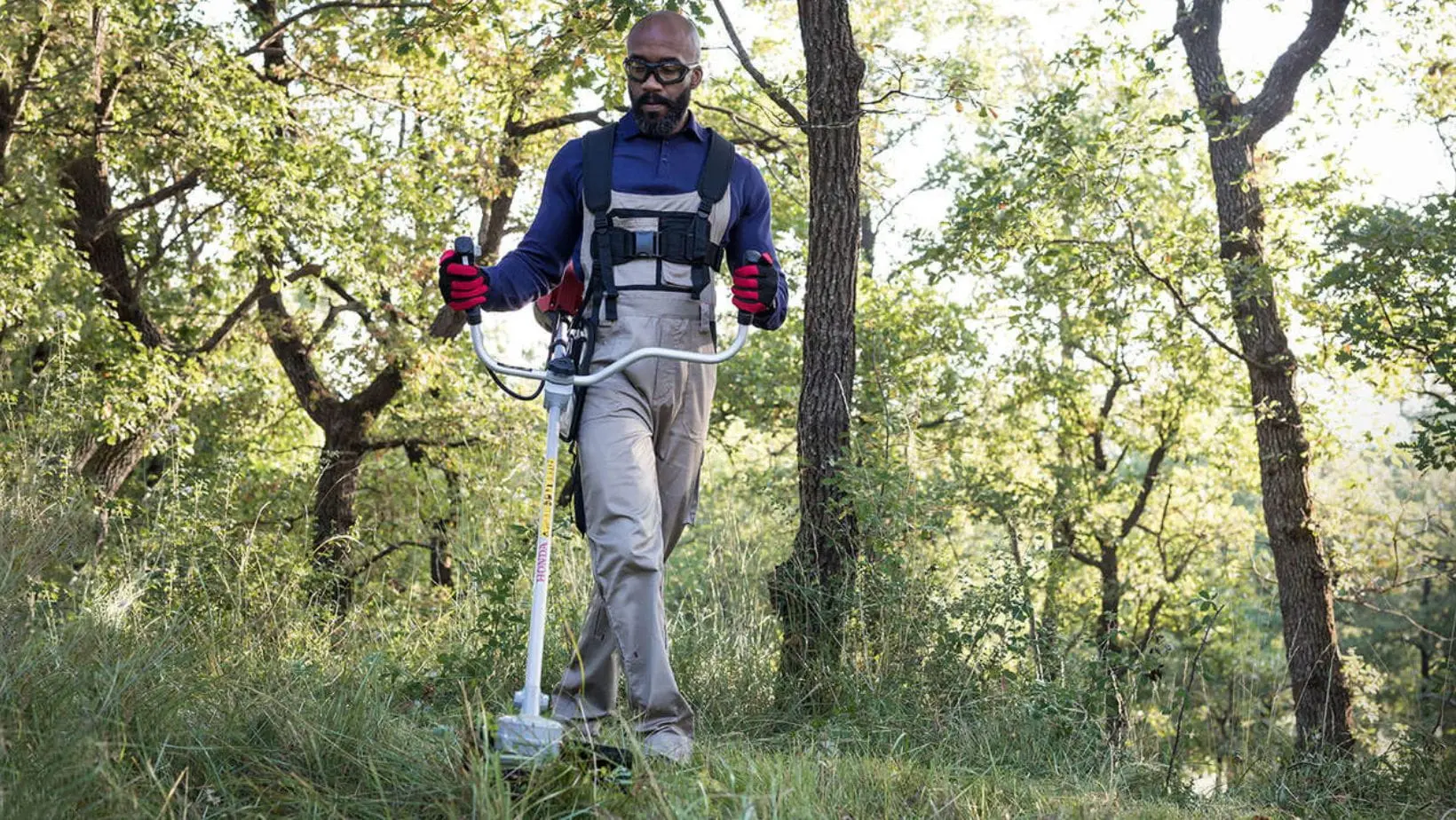 a man in a wood, wearing safety glasses, gloves and a harness, using a Honda brushcutter to cut down vegetation