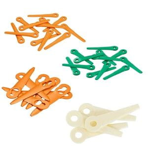 orange, green and white STIHL PolyCut Plastic Blades in four piles, all against a white background