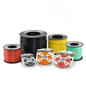 7 spools of STIHL strimmer line, in a variety of colours, all against a white background