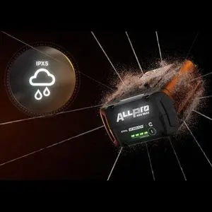 a STIHL ALLPRO battery next to a circular sign showing a cloud, 2 drops of rain and IPX5 to demonstrate the battery's weatherproof qualities