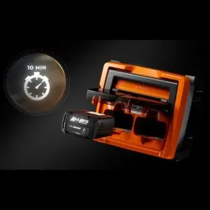 a STIHL ALLPRO battery entering a dual-port charger next to a sign showing a clock and 10 min to emphasise the fast charging time