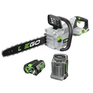 the EGO CS1614E Cordless Chainsaw with battery and charger, all against a white background