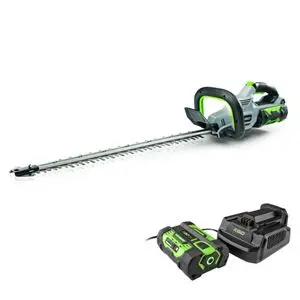 the EGO HT2411E Cordless Hedge Trimmer with battery and charger, all against a white background