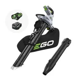 the EGO LV5004E Cordless Leaf Blower and Vacuum Shredder, with battery and charger, all against a white background