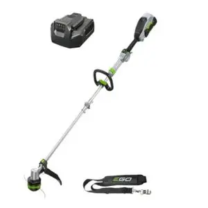 the EGO ST1511E-T Cordless Telescopic Line Trimmer with battery charger and shoulder strap, all against a white background