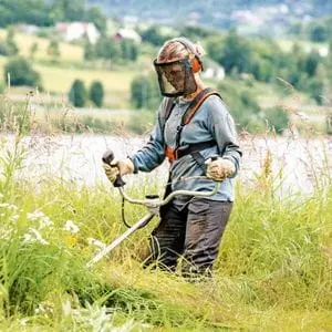 a woman wearing a face shield, ear defenders and a shoulder harness, using a STIHL brushcutter to trim long grass near a river bank