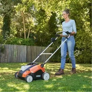 a woman scarifying a lawn using a cordless STIHL scarifier, with a wooden fence and trees in the background