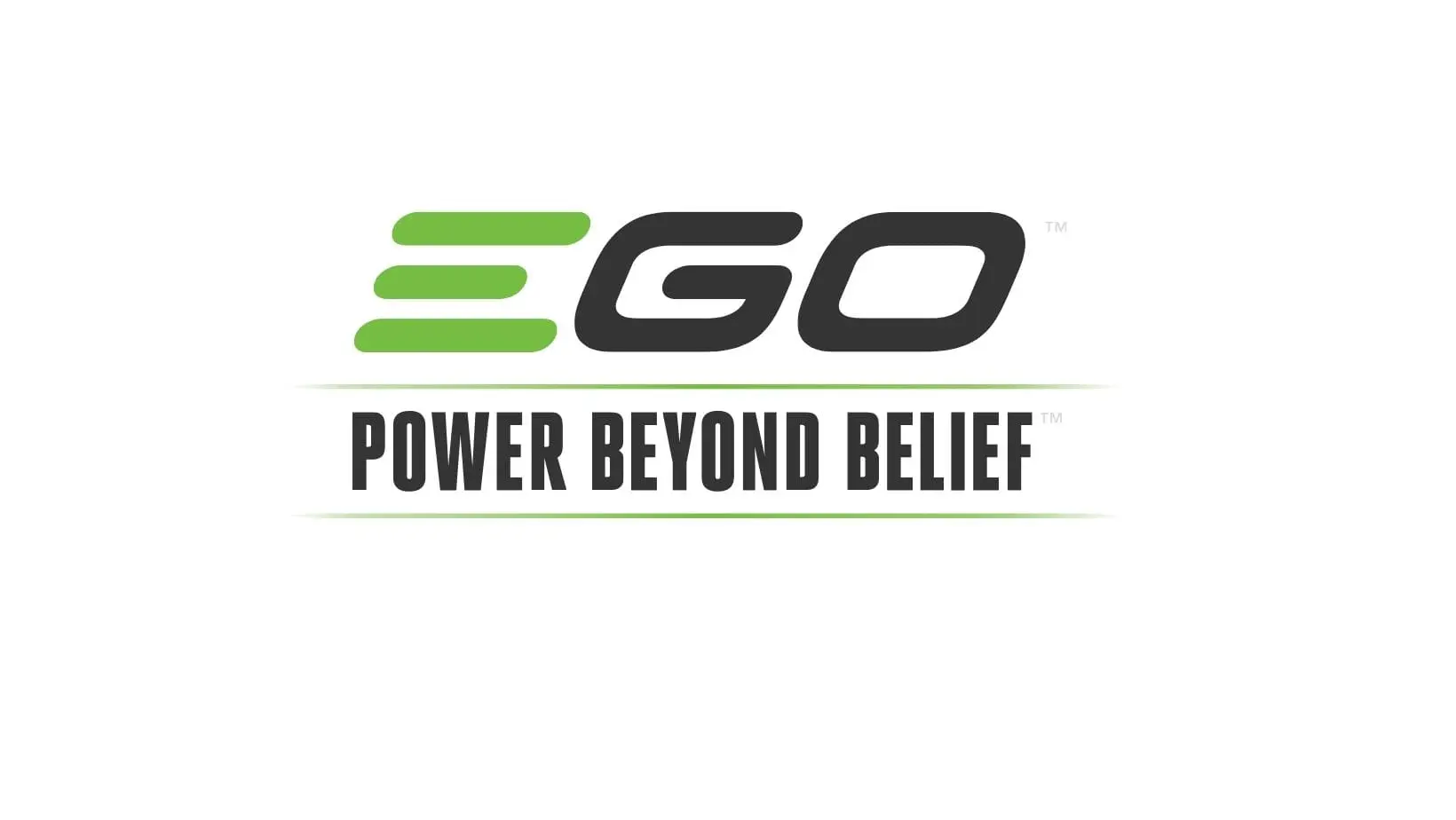EGO's green and black brand logo, showing the words 'Power Beyond Belief' between two horizontal lines, underneath the word 'EGO', all against a white background